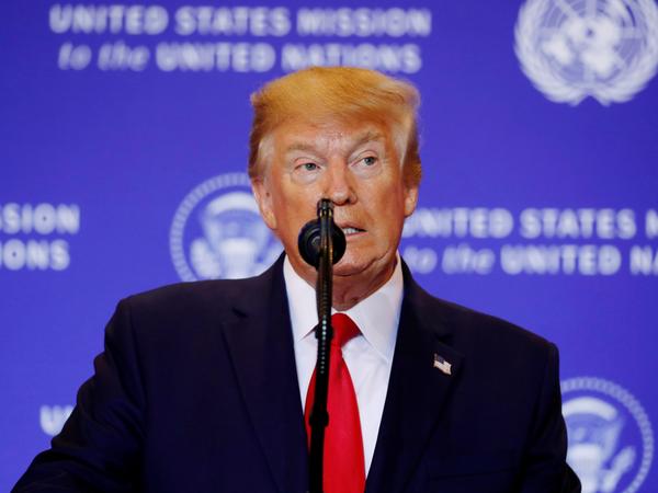 President Trump addresses a news conference in New York City on Wednesday amid an impeachment inquiry.
