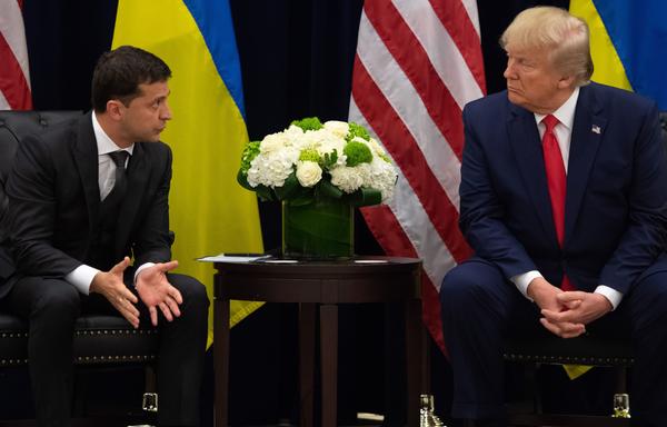 President Trump and Ukrainian President Volodymyr Zelenskiy speak during a meeting in New York on Wednesday, on the sidelines of the U.N. General Assembly in New York City.
