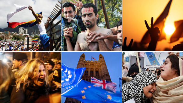 Clockwise from top left: Venezuela in 2019; Greece in 2015; Bahrain in 2011; Pakistan in 2015; Britain in 2019; Lebanon in 2019. Protests have been emblematic of the entire past decade.