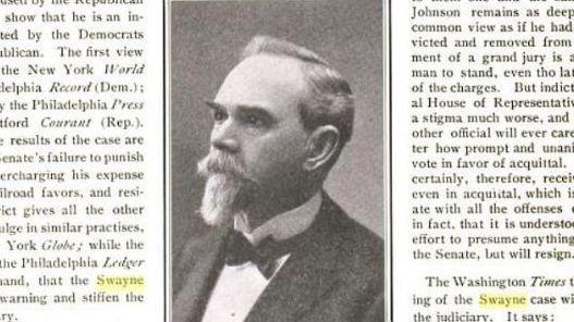 In the Senate on Tuesday, Chief Justice John Roberts cited the 1905 impeachment trial of Judge Charles Swayne; this photo of Swayne appeared in a March 1905 issue of <em>The Literary Digest</em>.