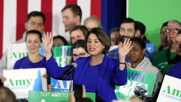Democratic presidential candidate Sen. Amy Klobuchar, D-Minn., speaks onstage during a primary night event in Concord, N.H., on Tuesday celebrating her unexpected third place finish in the state's primary.