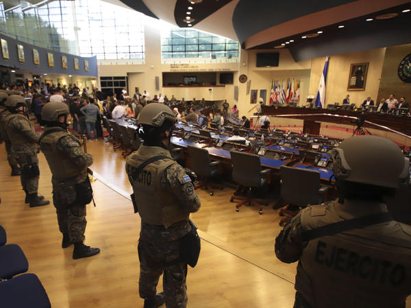 Armed Special Forces soldiers of the Salvadoran Army, following orders of President Nayib Bukele, enter El Salvador's congress during a vote on a security bill on Feb. 9.