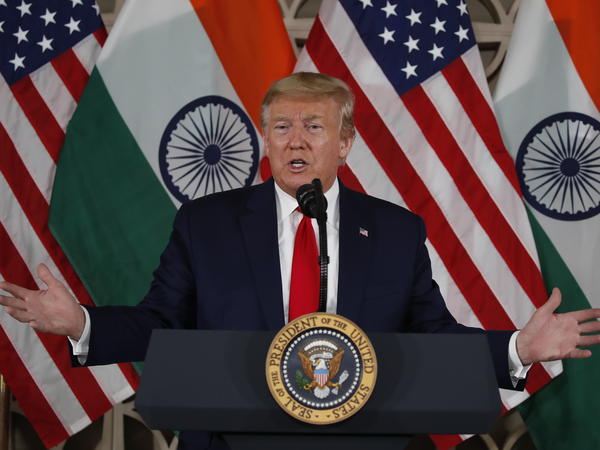 President Trump speaks Tuesday with business leaders in New Delhi.