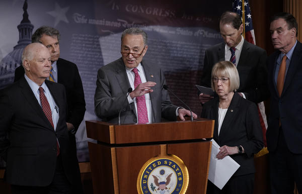 Senate Minority Leader Chuck Schumer, D-N.Y., and fellow Democrats hold a news conference to discuss emergency paid sick leave to assist people whose jobs are impacted by the coronavirus outbreak.