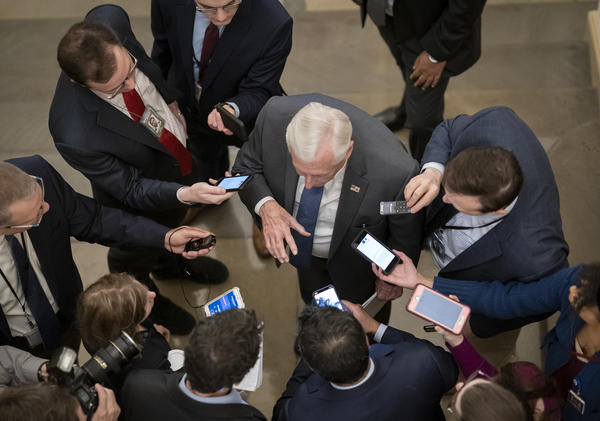 House Majority Leader Steny Hoyer, D-Md., is questioned by reporters as House Speaker Nancy Pelosi and the Trump administration negotiate an agreement on a coronavirus aid package.