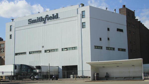 The Smithfield pork processing plant in Sioux Falls, S.D., is seen on April 8. More than 600 employees have tested positive for the coronavirus.