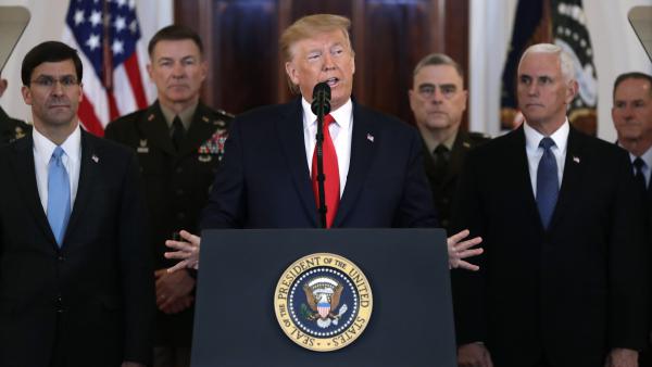 President Trump addresses the nation from the White House on Wednesday on the ballistic missile strike that Iran launched against Iraqi air bases housing U.S. troops.