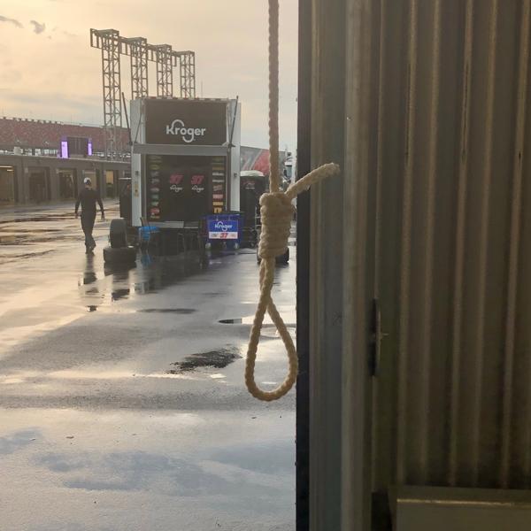 This photo, taken by NASCAR security personnel and released by NASCAR, shows the noose tied using a garage door 'pull rope' at the Talladega Superspeedway in Lincoln, Ala. on Sunday, June 21, 2020.