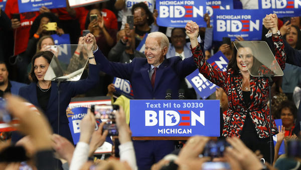 Sen. Kamala Harris, D-Calif., and Michigan Gov. Gretchen Whitmer, seen campaigning with former Vice President Joe Biden in March, are two of the women often talked about as possible running mates on the Democratic ticket.