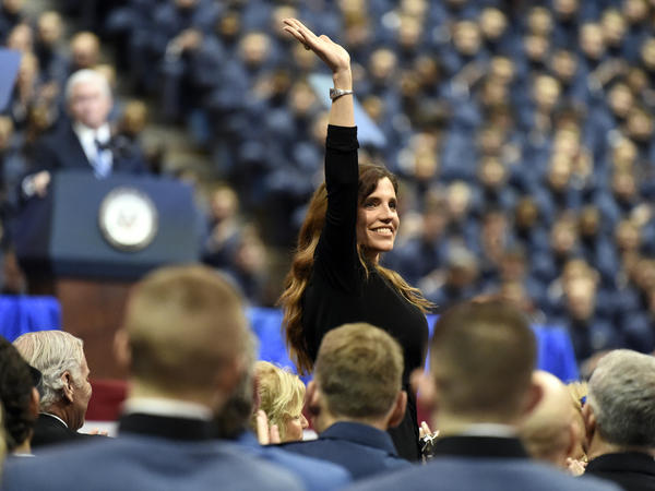 GOP House candidate and South Carolina state Rep. Nancy Mace, the first woman to graduate from The Citadel, smiles after being recognized by Vice President Mike Pence during a speech at the The Citadel on Feb. 13, 2020.