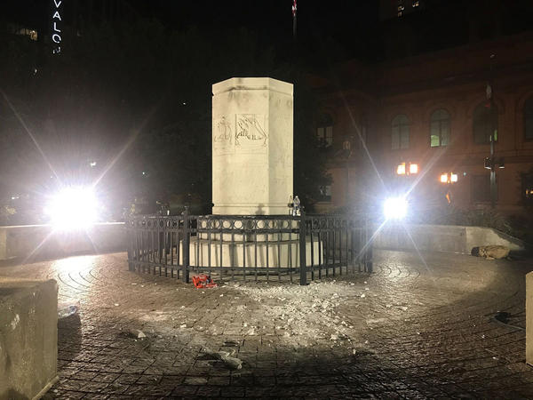Remains of the Christopher Columbus statue near Little Italy in Baltimore after it was ripped from its pedestal by protesters on Saturday.