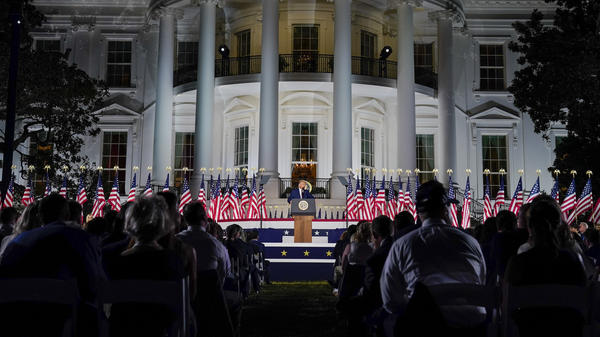 President Trump speaks from the South Lawn of the White House on Thursday night, the last day of the Republican National Convention.