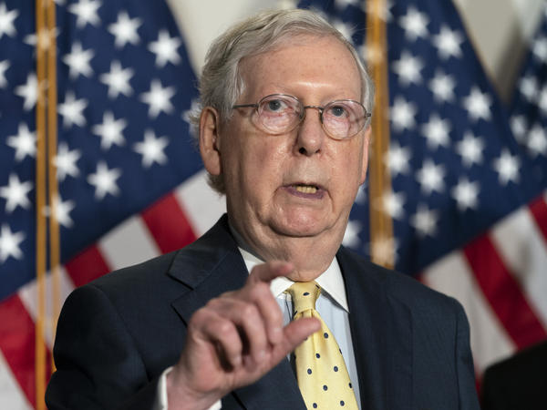 Senate Majority Leader Mitch McConnell speaks Wednesday after meeting with Senate Republicans on Capitol Hill.