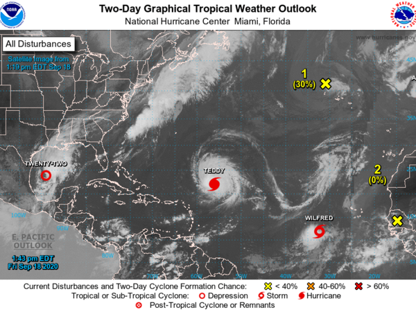 Satellite images of storms forming in the Atlantic Ocean. Tropical Storm Wilfred is the last named storm of the 2020 season using the English alphabet.