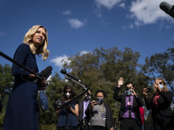 White House press secretary Kayleigh McEnany talks to reporters last week outside the West Wing of the White House. She announced Monday that she tested positive for the coronavirus.
