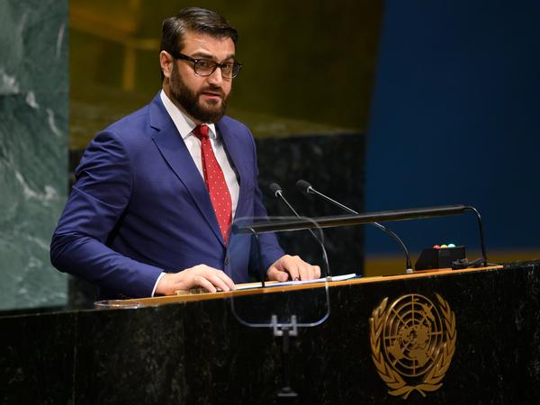 Hamdullah Mohib, Afghanistan's national security adviser, speaks during the United Nations General Assembly in New York City on Monday. After U.S.-Taliban talks excluded Afghanistan's government and collapsed last month, Mohib tells NPR that the only way to lasting peace is to include the country's leaders.
