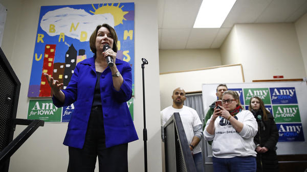 Democratic presidential candidate and Minnesota Sen. Amy Klobuchar speaks during a campaign event Sunday in Des Moines, Iowa. President Trump's impeachment trial will pull her and three other candidates off the trail at a critical juncture.