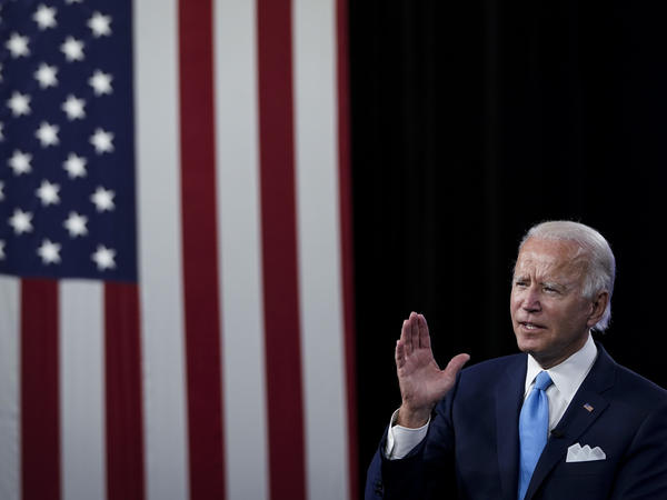 Joe Biden addresses donors during a virtual fundraising event at the Hotel DuPont in Wilmington, Del., on Aug. 12. Biden will accept his party's nomination at this week's Democratic National Convention.