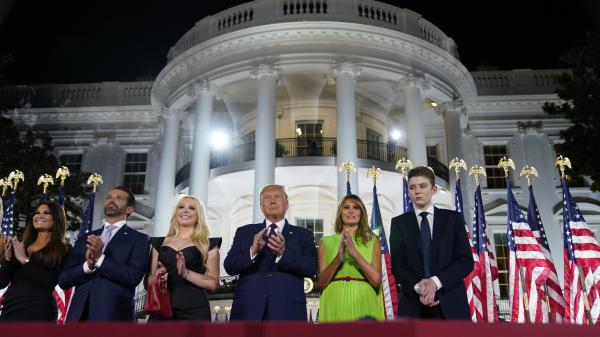 From left, Kimberly Guilfoyle, Donald Trump Jr., Tiffany Trump, President Trump, first lady Melania Trump and Barron Trump stand on the South Lawn of the White House on the last night of the Republican National Convention.