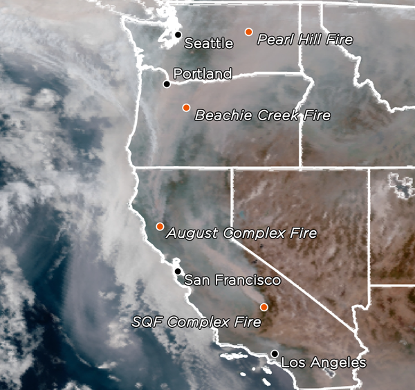 A satellite image shows smoke and some of the major fires in Western states on Sept. 13.