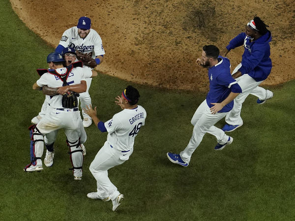 Los Angeles Dodgers celebrate after defeating the Tampa Bay Rays 3-1 to win the 2020 World Series in Game 6 in Arlington, Texas.