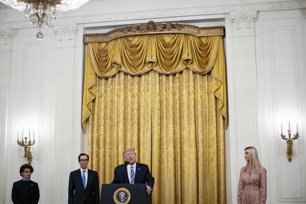 President Trump speaks in April about the Paycheck Protection Program. From left are Jovita Carranza, head of the Small Business Administration; Treasury Secretary Steven Mnuchin; and adviser Ivanka Trump.