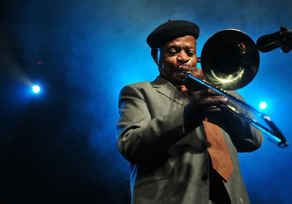 Trombonist Jonas Gwangwa performs in Sandton, South Africa in 2017.