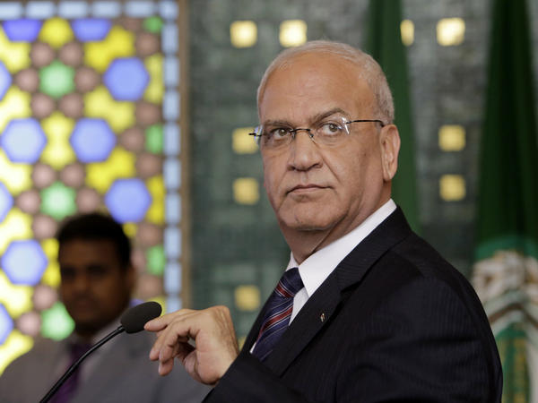 Chief Palestinian negotiator Saeb Erekat seen at a 2014 press conference at the Arab League headquarters in Cairo, Egypt.