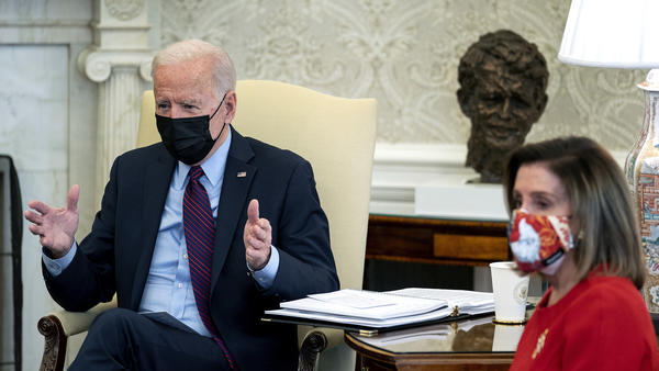 President Biden meets with House Democratic leaders, including Speaker Nancy Pelosi, in the Oval Office on Friday to discuss coronavirus relief legislation.