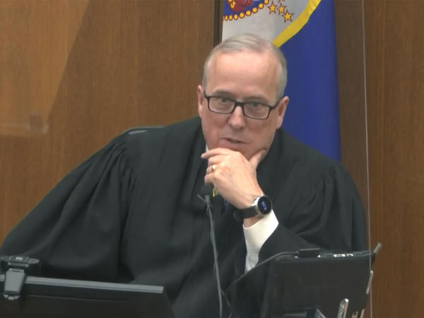 Hennepin County Judge Peter Cahill discusses motions before the court Monday. He denied the defense request to question jurors again after a fatal police shooting Sunday and immediately sequester them in the trial of former Minneapolis police officer Derek Chauvin.