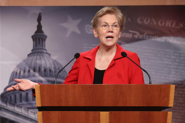 Sen. Elizabeth Warren holds a news conference in March. She and Sen. Bernie Sanders are leading the push to introduce a bill Tuesday that would make pandemic-related food benefits for college students permanent and create grants for colleges to address hunger.
