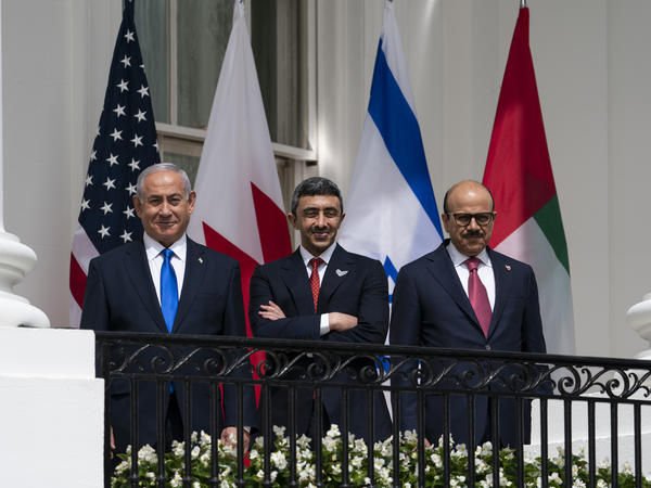 Israeli Prime Minister Benjamin Netanyahu (left), United Arab Emirates Foreign Minister Abdullah bin Zayed al-Nahyan (center) and Bahrain Foreign Minister Khalid bin Ahmed Al Khalifa during the Abraham Accords signing ceremony in September.