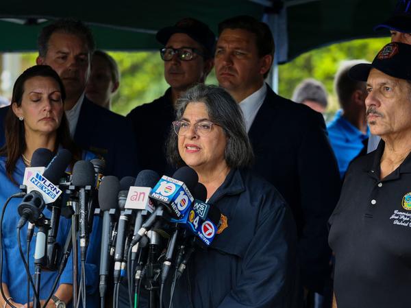 Miami-Dade County Mayor Daniella Levine Cava speaks during a press conference after a building partially collapsed in Surfside, Fla., on Thursday.