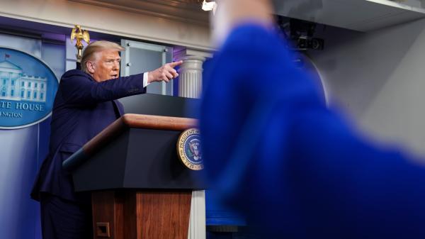 President Trump takes a question during a news conference at the White House on Sunday, where he dismissed reporting from <em>The New York Times</em> that he has paid little or no federal income taxes in recent years as "fake news."