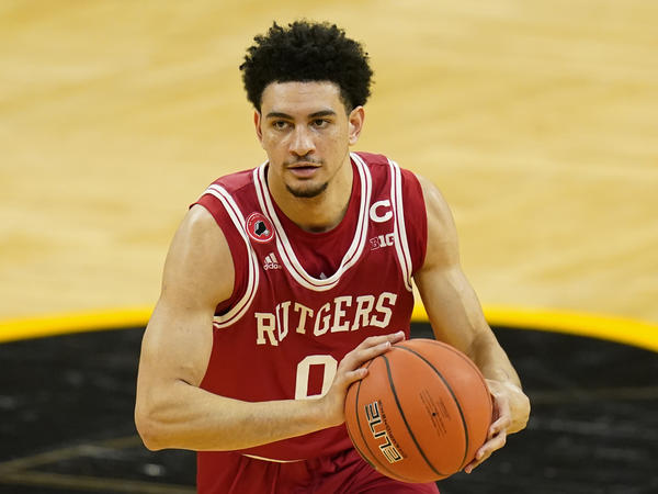 Rutgers guard Geo Baker, seen here last month, is one of the college basketball players leading a protest against the NCAA's rules preventing players from profiting from their own name, image and likeness.