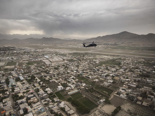 A Black Hawk helicopter of the U.S. Air Force flies over Kabul in April.