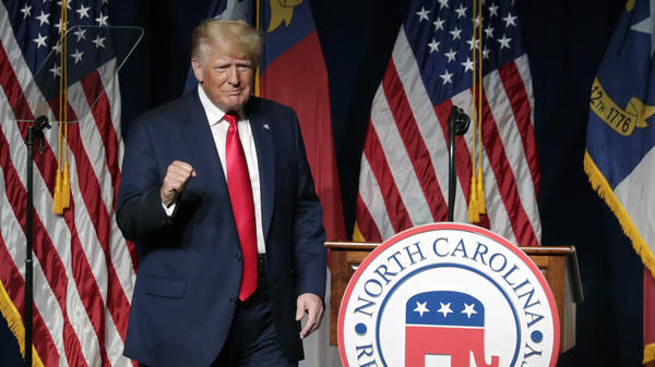 Former President Donald Trump hit many of the touchstones of his culture war, grievance-based politics at the North Carolina Republican Convention Saturday in Greenville, N.C.