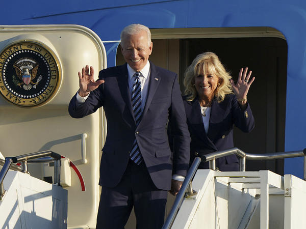President Biden and first lady Jill Biden arrive Wednesday at Royal Air Force Mildenhall in England ahead of the G-7 summit. The president will try to reestablish U.S. global leadership and repair old friendships.