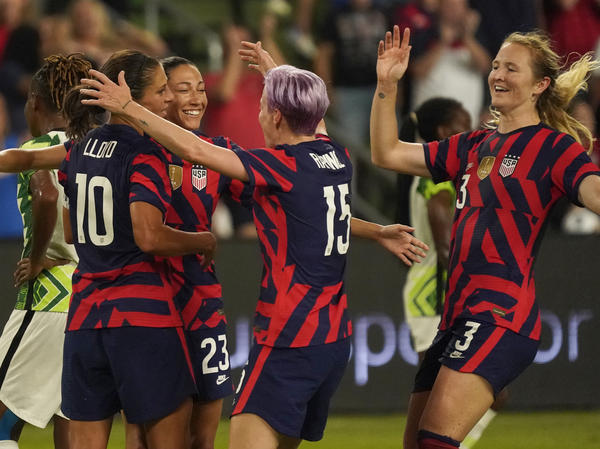 Most of the winning U.S. team from the 2019 Women's World Cup will reunite for the Tokyo Olympics, including Carli Lloyd, Christen Press, Megan Rapinoe and Samantha Mewis. They seen here last week in Austin, Tex., where they beat Nigeria 2-0.