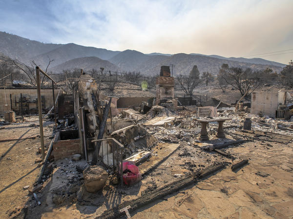 The remains of a burned home from the Bobcat Fire in Juniper Hills, Calif., on Sept. 20, 2020.