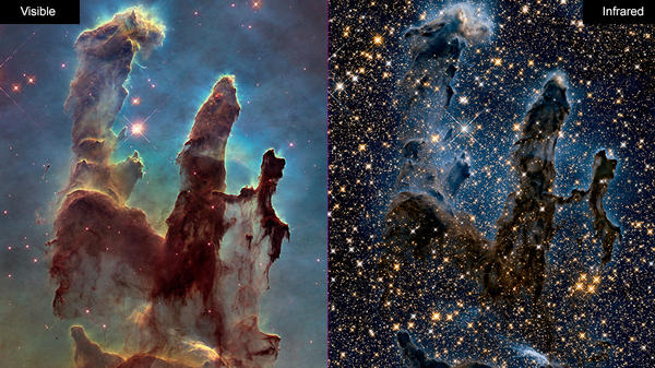 Images of the Eagle Nebula show the Hubble Space Telescope's ability to capture pictures in both visible (left) and infrared (right) light. NASA is celebrating the successful restart of the telescope's payload computer, opening the door to more observations.