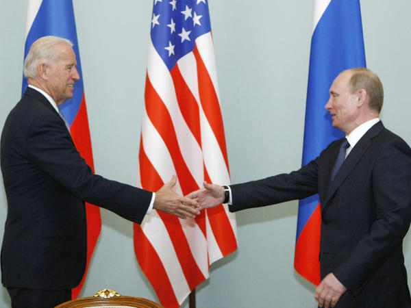 In this 2011 photo, Joe Biden, then vice president, shakes hands with Vladimir Putin, then Russia's prime minister, in Moscow. President Biden will hold a summit with Putin this week in Geneva, a face-to-face meeting between the two leaders that comes amid escalating tensions between the U.S. and Russia.