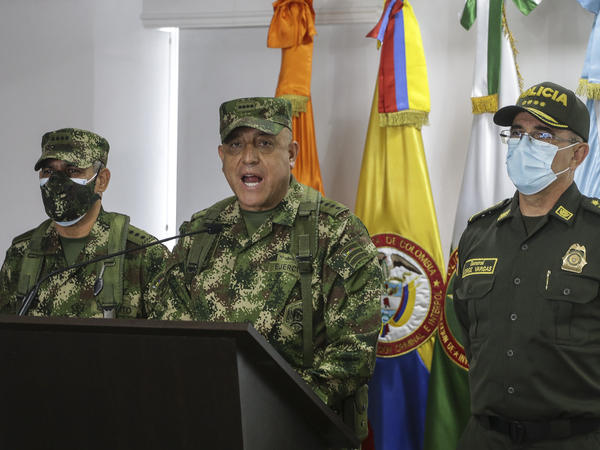 Colombian Armed Forces Commander Gen. Luis Fernando Navarro (center), National Police Director Gen. Jorge Luis Vargas (right), and Army Commander Gen. Eduardo Zapateriro give a press conference regarding the alleged participation of former Colombian soldiers in the assassination of Haiti's President Jovenel Moïse, in Bogotá on Friday.