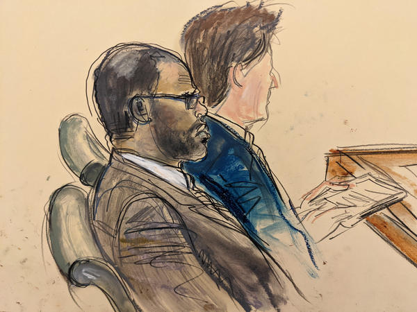 In courtroom artist's sketch made from a video screen monitor, defendant R. Kelly, left, listens during the opening day of his New York federal trial in Brooklyn on Aug. 18.