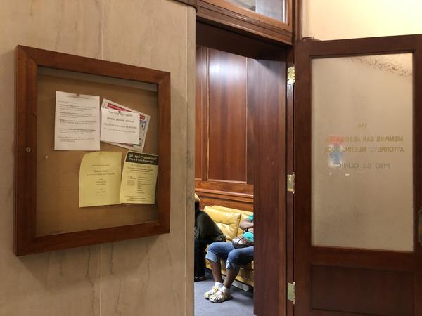 Tenants facing eviction wait to speak with attorneys from Memphis Area Legal Services in Room 134 of the Shelby County General Sessions Court in Memphis, Tenn.