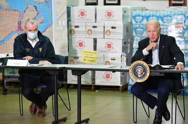 President Biden takes part in a briefing Tuesday with New Jersey Gov. Phil Murphy and other local leaders in the aftermath of Hurricane Ida.