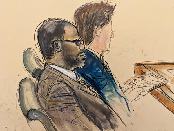In this courtroom artist's sketch made from a video screen monitor, R. Kelly (left) and lawyer Thomas Farinella listen during the opening day of his trial on Aug. 18, 2021 in Brooklyn, New York.