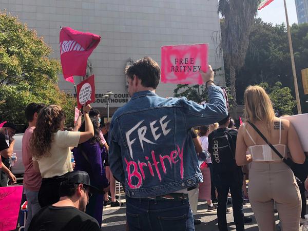 Britney Spears supporter Peter Stickles was among those demonstrating outside Los Angeles Superior Court on Wednesday.