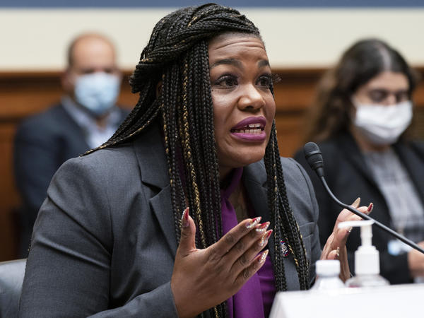 Rep. Cori Bush, D-Mo., testifies during a House Oversight Committee hearing on Thursday about making her decision to have an abortion after being raped as a teenager.
