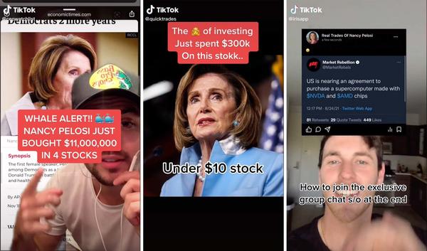 A community of young investors on TikTok, including @ceowatchlist, @quicktrades and @irisapp, are using House Speaker Nancy Pelosi's stock trading disclosures as inspiration for where to invest themselves. One user called Pelosi the market's "biggest whale," while another called her the "queen of investing."